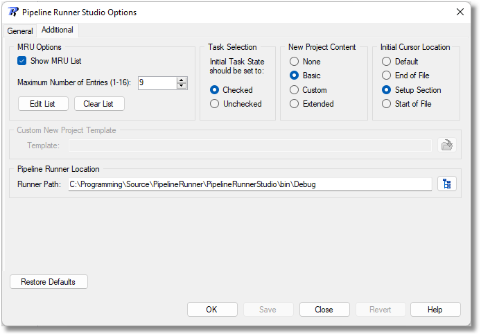 Studio Options dialog - Additional Tab