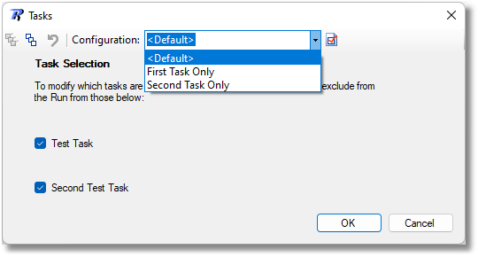 Task Selection Dialog showing multiple configurations in the combo