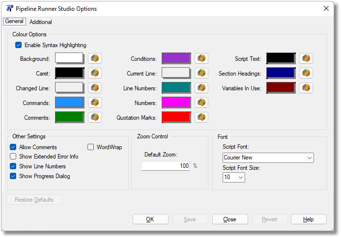 Studio Options dialog - General Tab